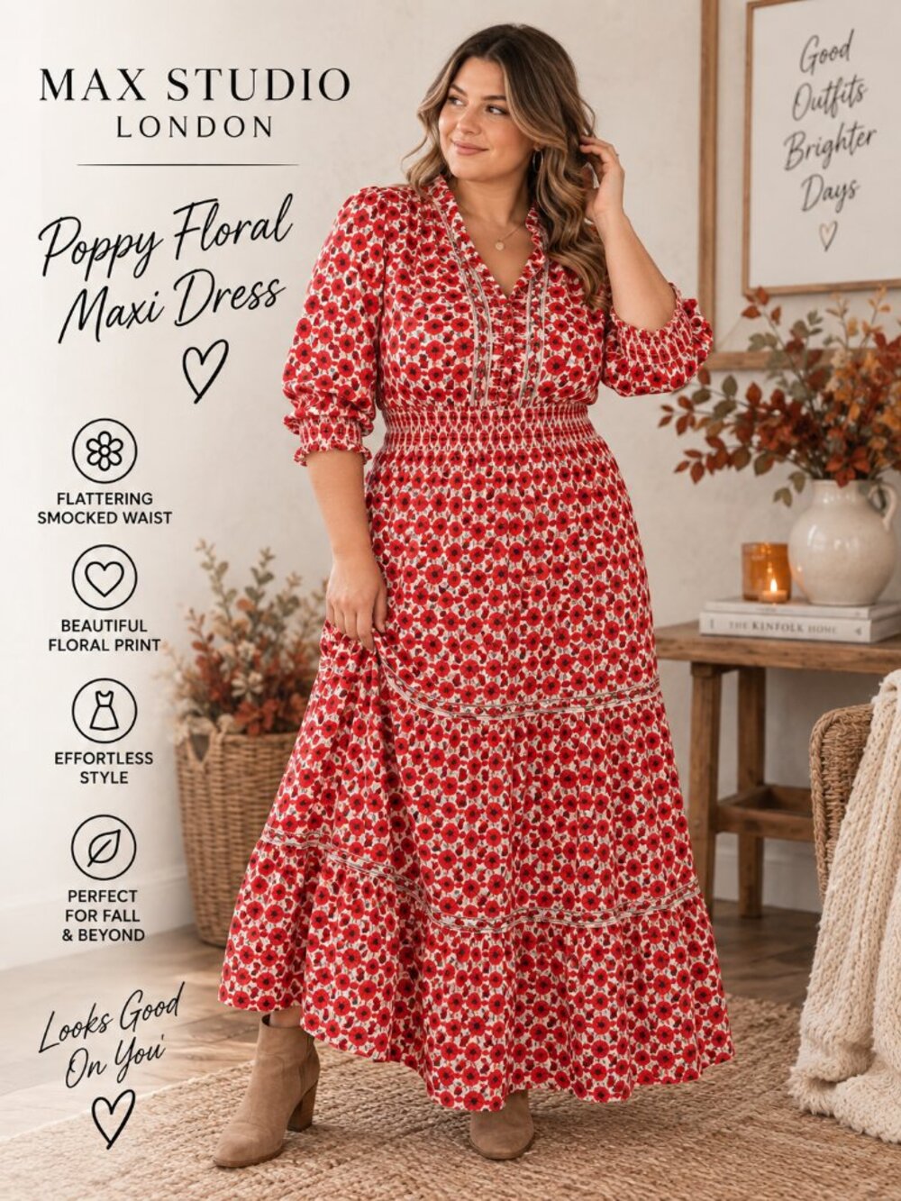 Max Studio London Red Poppy Floral Maxi Dress 2X Smocked Boho Prairie Ruffle